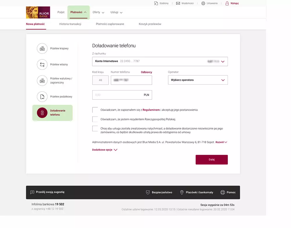 screen jak doładować w alior bank