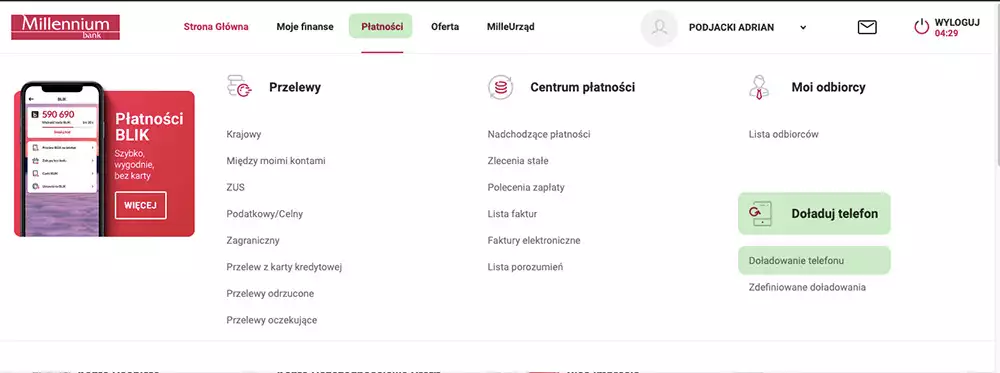 screen jak doładować w banku millenium