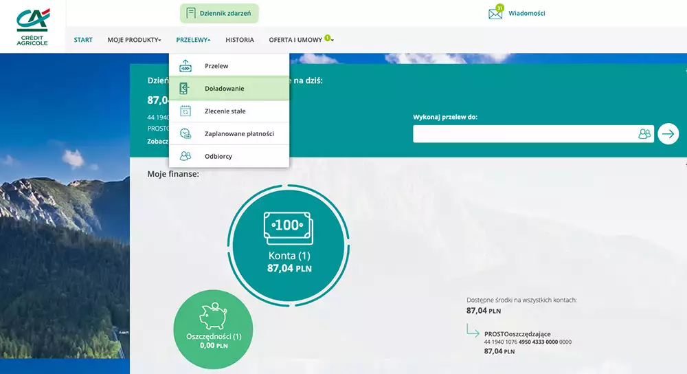 screen jak doładować w credit agricole