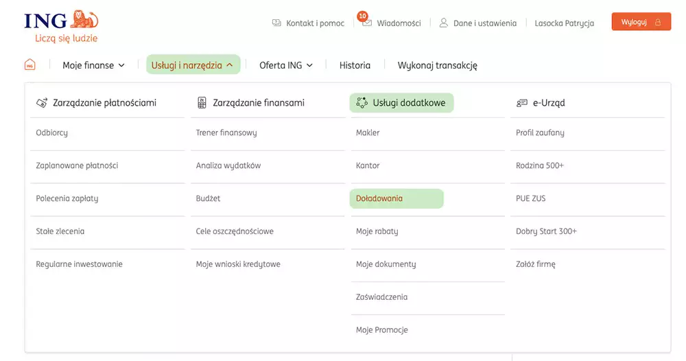 screen jak doładować w ing