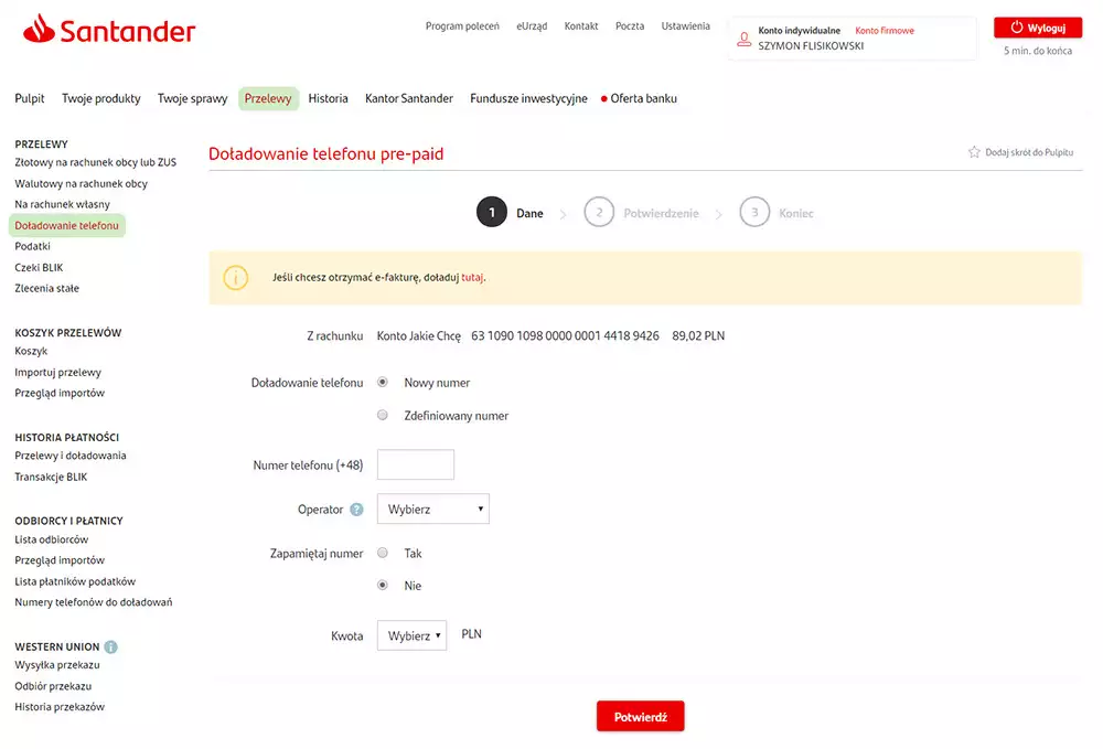 screen jak doładować w santander